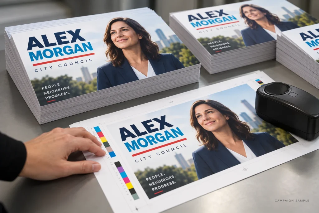 A color check on printed sample campaign postcards and a proof sheet.