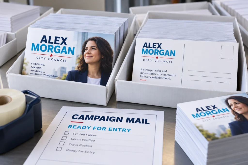 Sample campaign postcards bundled in trays for mailing preparation.