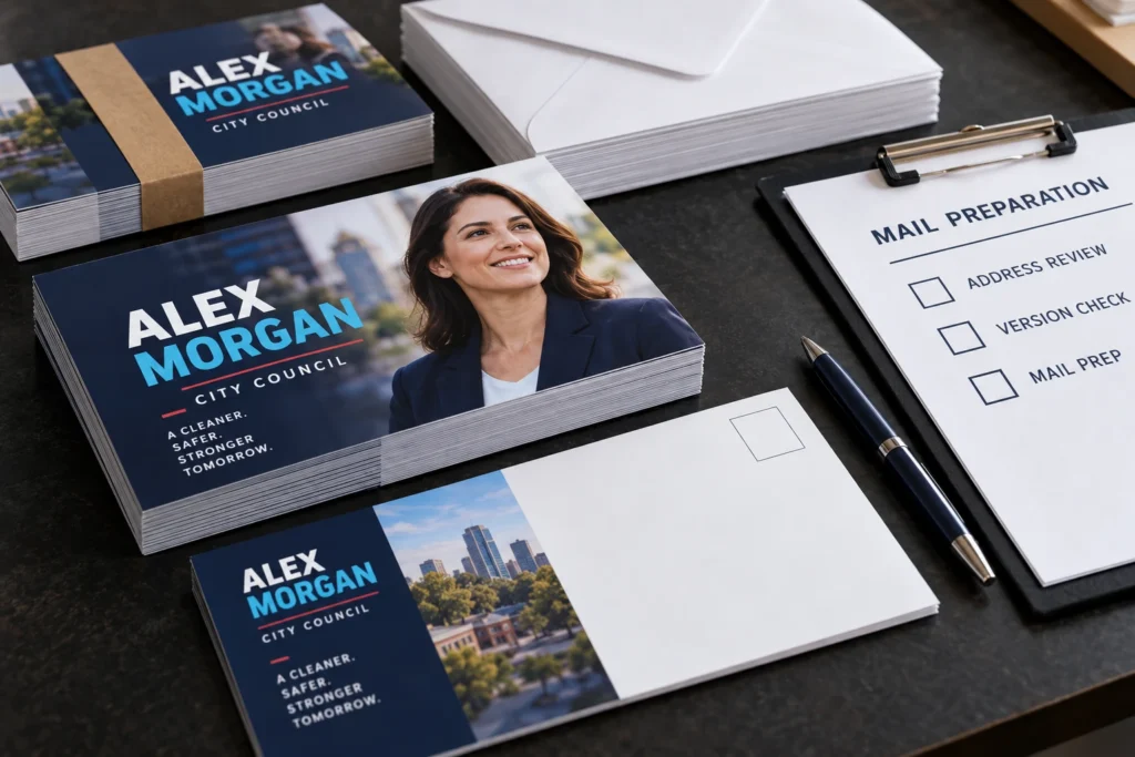 A campaign mailing checklist with sample mailers and envelopes.