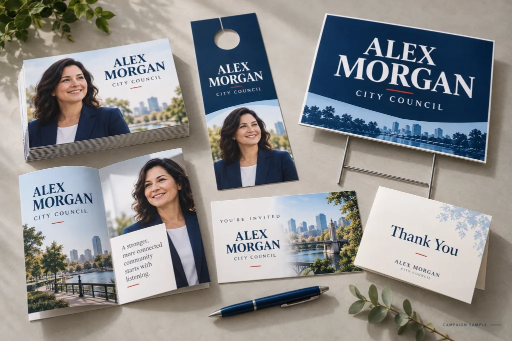 Sample campaign palm cards, a door hanger, a walk piece, a yard sign and event materials.