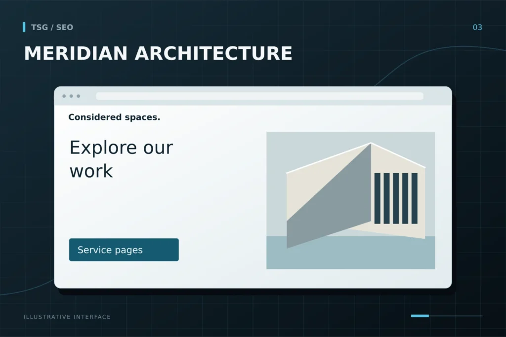 Small business SEO: MERIDIAN ARCHITECTURE, Considered spaces., Explore our work, Service pages.