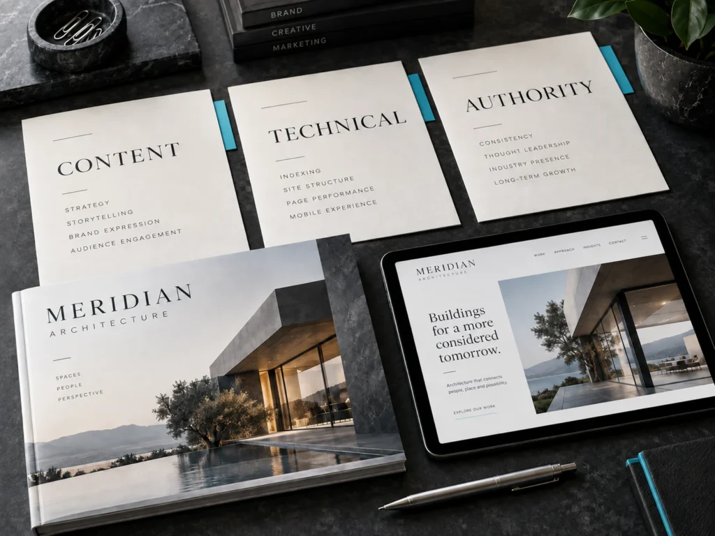 Core elements of SEO shown through original TSG campaign and service imagery.
