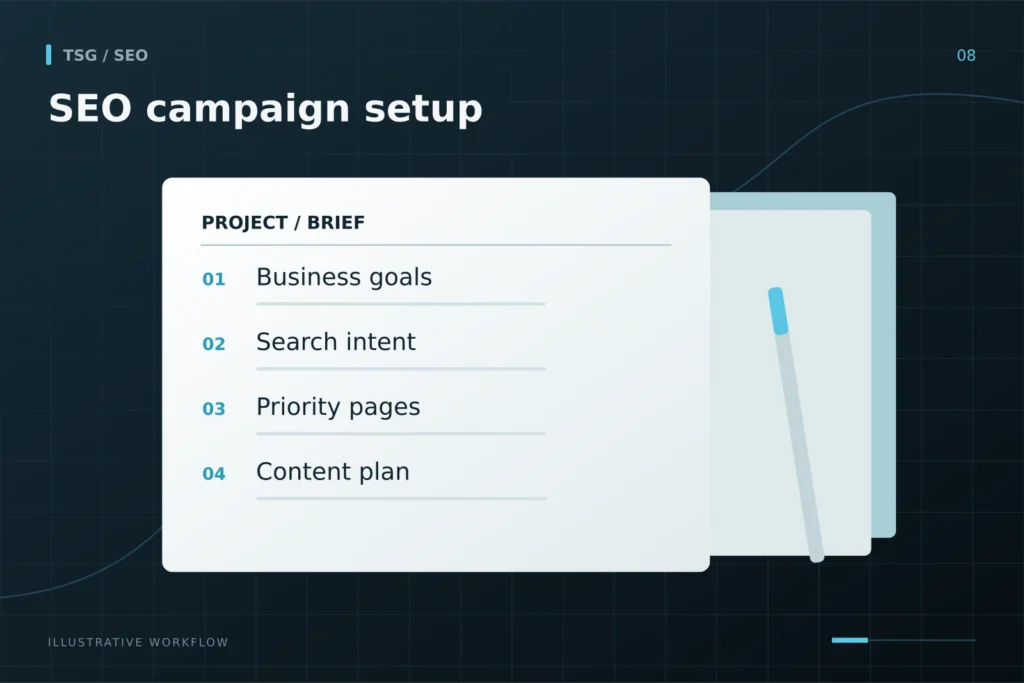 Campaign setup: SEO campaign setup, Business goals, Search intent, Priority pages, Content plan.
