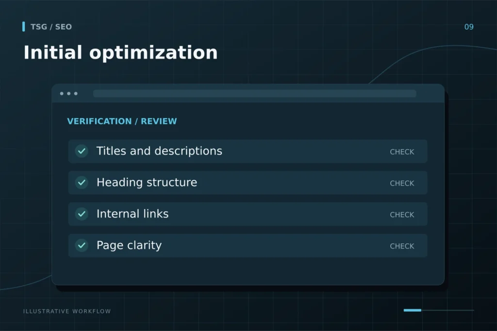 Initial optimization: Initial optimization, Titles and descriptions, Heading structure, Internal links, Page clarity.