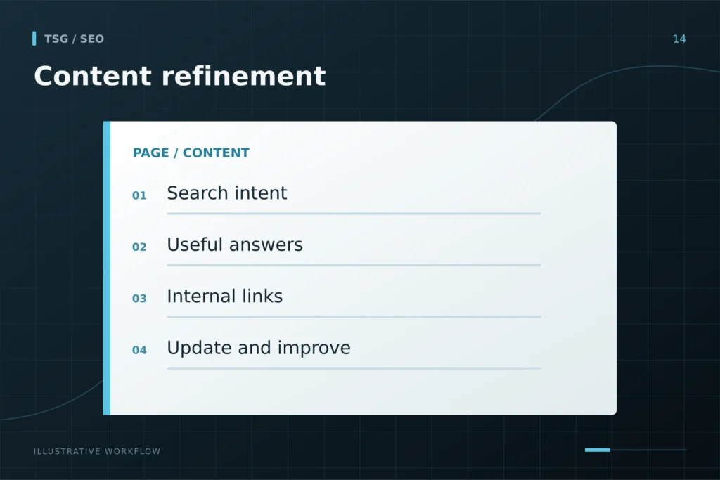 Ongoing optimization: Content refinement, Search intent, Useful answers, Internal links, Update and improve.