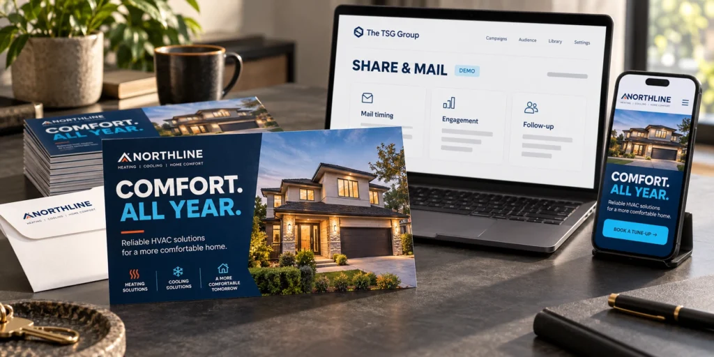A printed postcard campaign with demonstration mail tracking and digital follow-up on laptop and phone screens.
