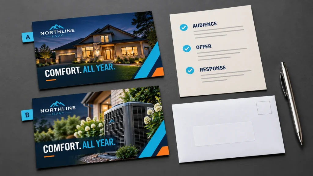 Two home services postcard concepts beside an audience, offer and response planning brief.