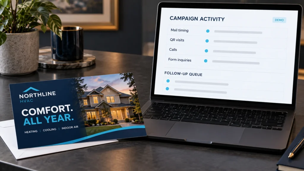 A campaign activity demonstration showing mail timing, QR visits, calls and form inquiries beside a printed postcard.