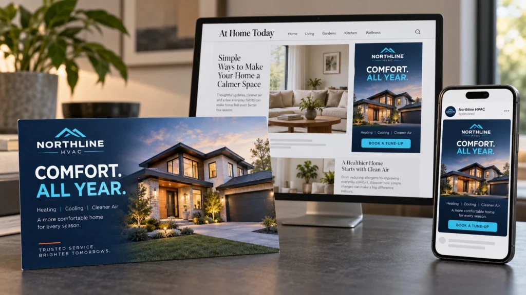 A mailed home services offer repeated in a desktop display ad and a sponsored mobile post.