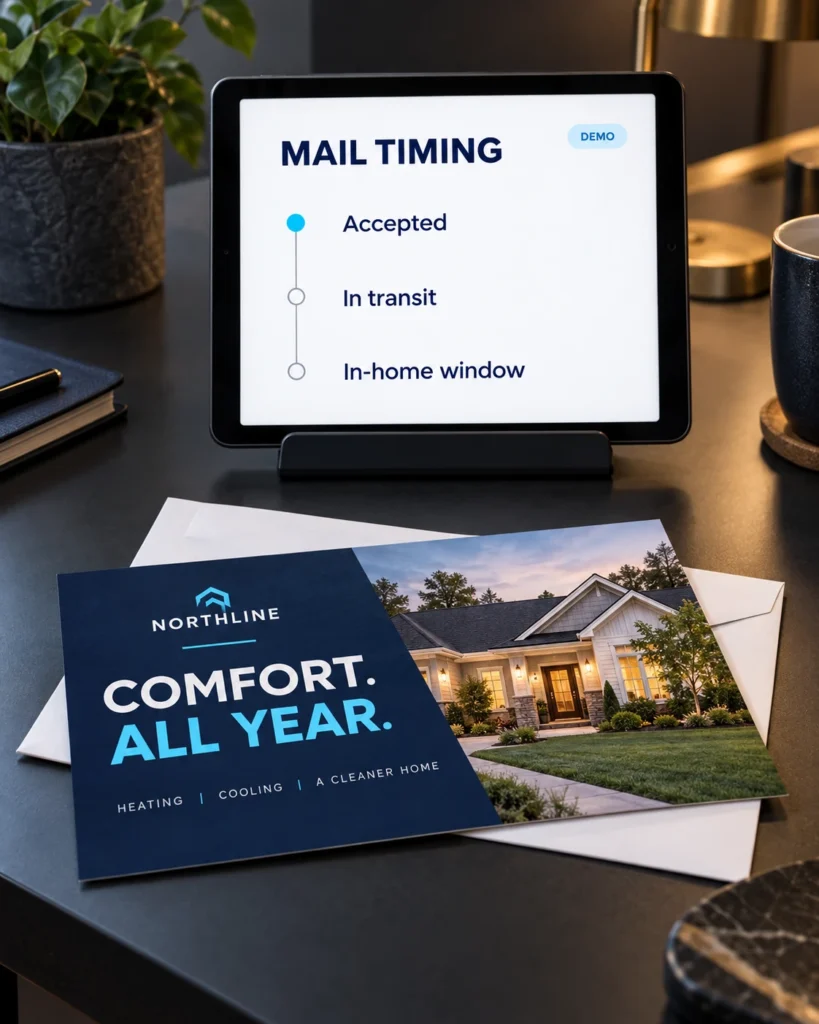 A mail timing demonstration on a tablet beside a matching printed postcard.