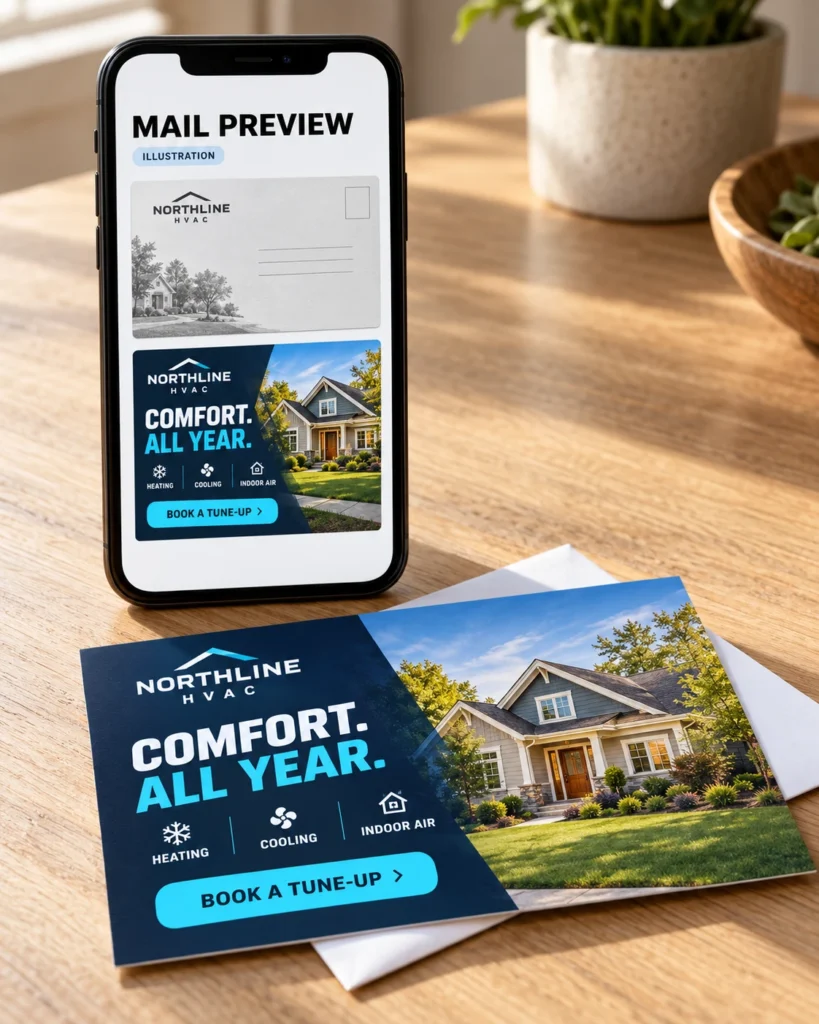 An illustrative mobile mail preview with a color campaign image beside the physical postcard.