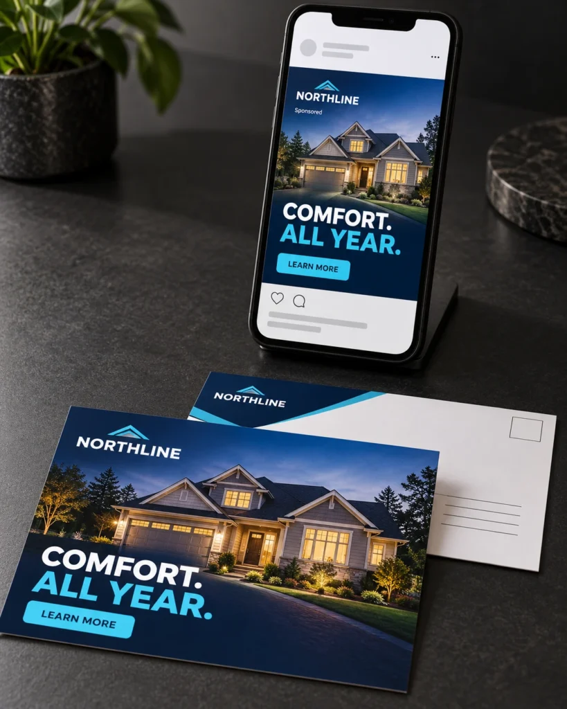 A sponsored mobile campaign matched to the offer on a printed postcard.