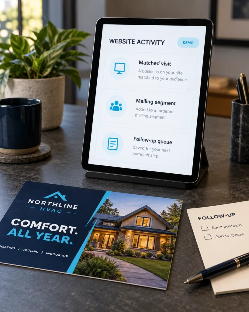A website activity demonstration showing matched visits, mailing segments and a follow-up queue.