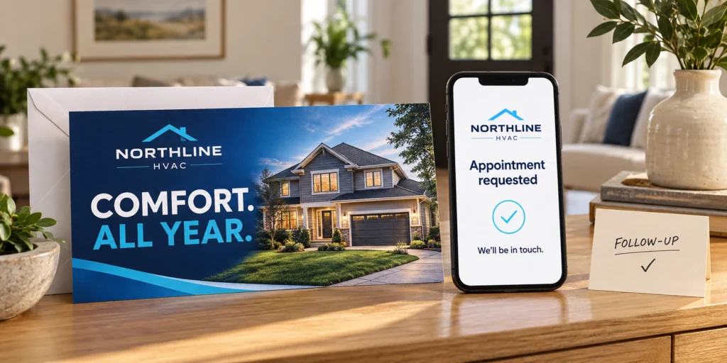 A mailed home services offer beside an appointment request and a follow-up note.