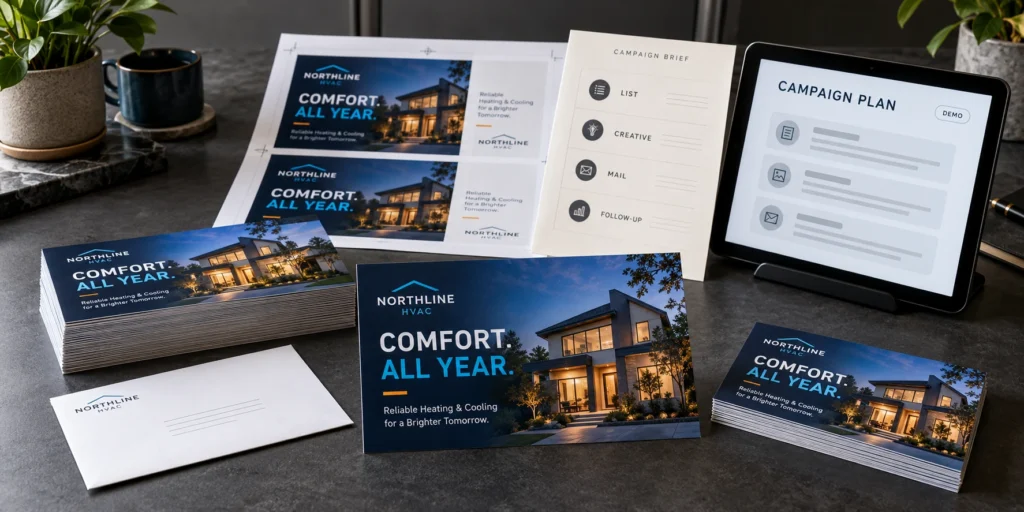 A coordinated campaign kit with printed postcards, a planning brief and a demonstration tracking tablet.