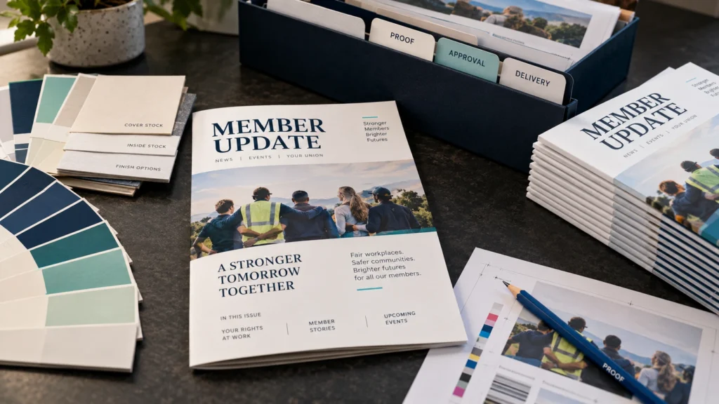 Member publication proofs, paper samples and a production approval folder.