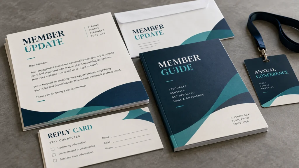 A coordinated member guide, update letter, reply card and conference badge.