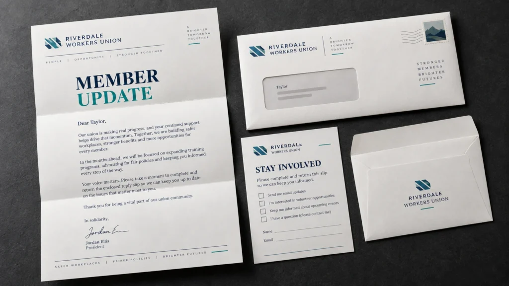 A personalized member update letter with matching envelopes and reply slip.