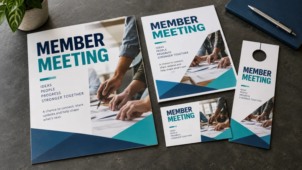 Member meeting flyers, a palm card, a door hanger and a poster.