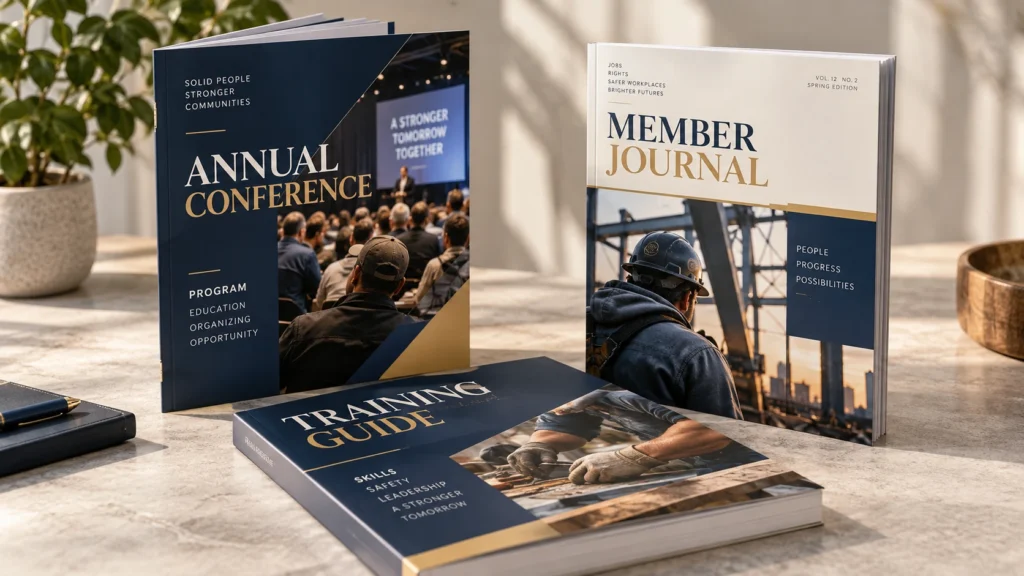 Conference programs, a member journal and a training guide with finished binding.
