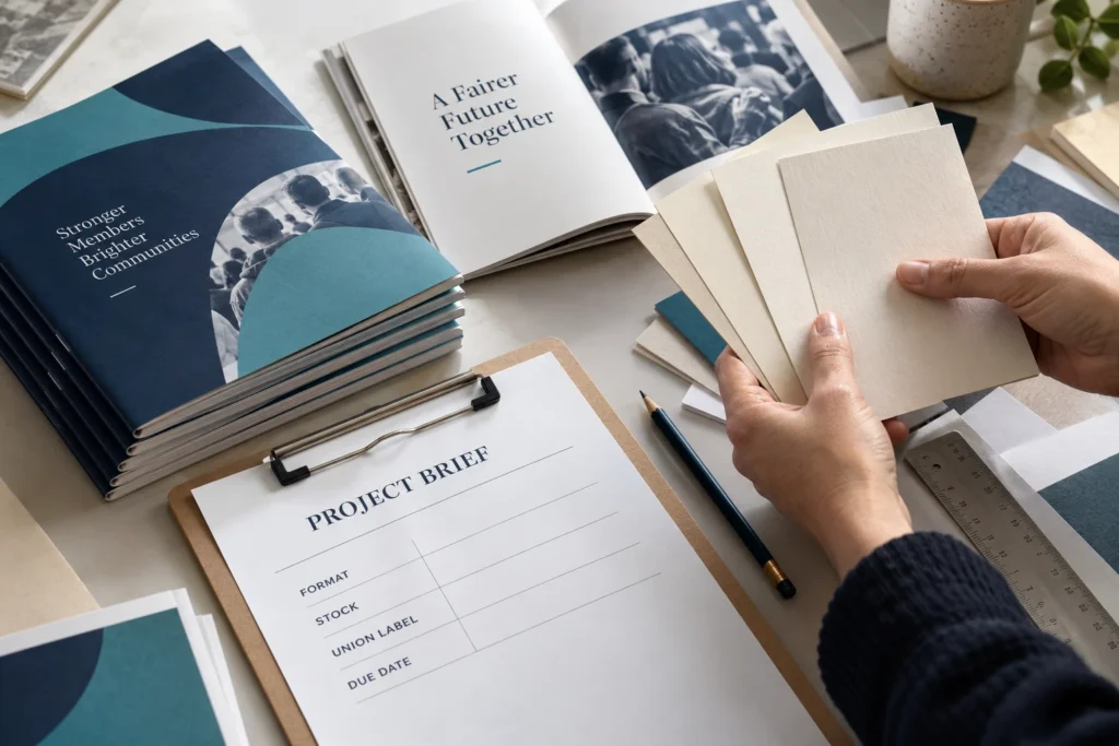 A member printing project brief beside paper samples and sample booklets.