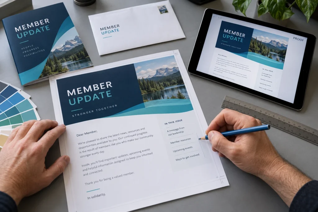 A member update proof being reviewed beside its matching screen layout.