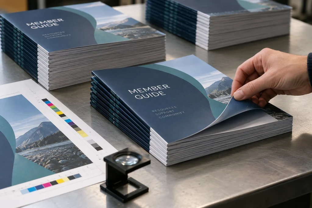 Member guide booklets and a printed proof undergoing a quality check.