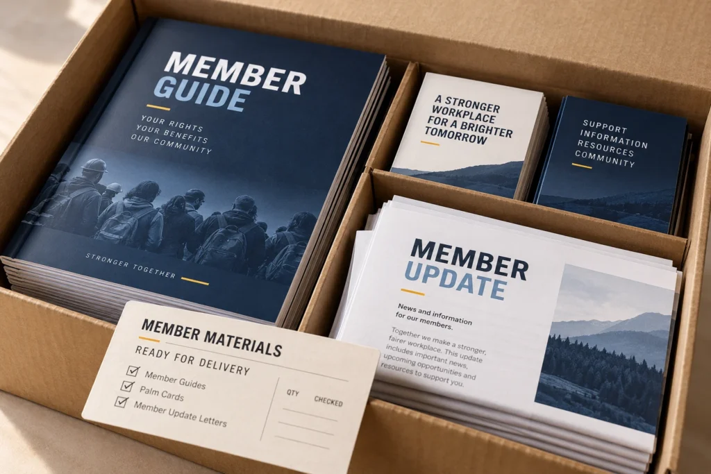 Member guides and communication materials packed for delivery.