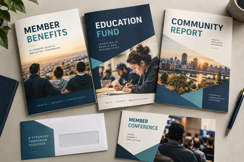 Member benefits, education and community publications with coordinated mail pieces.
