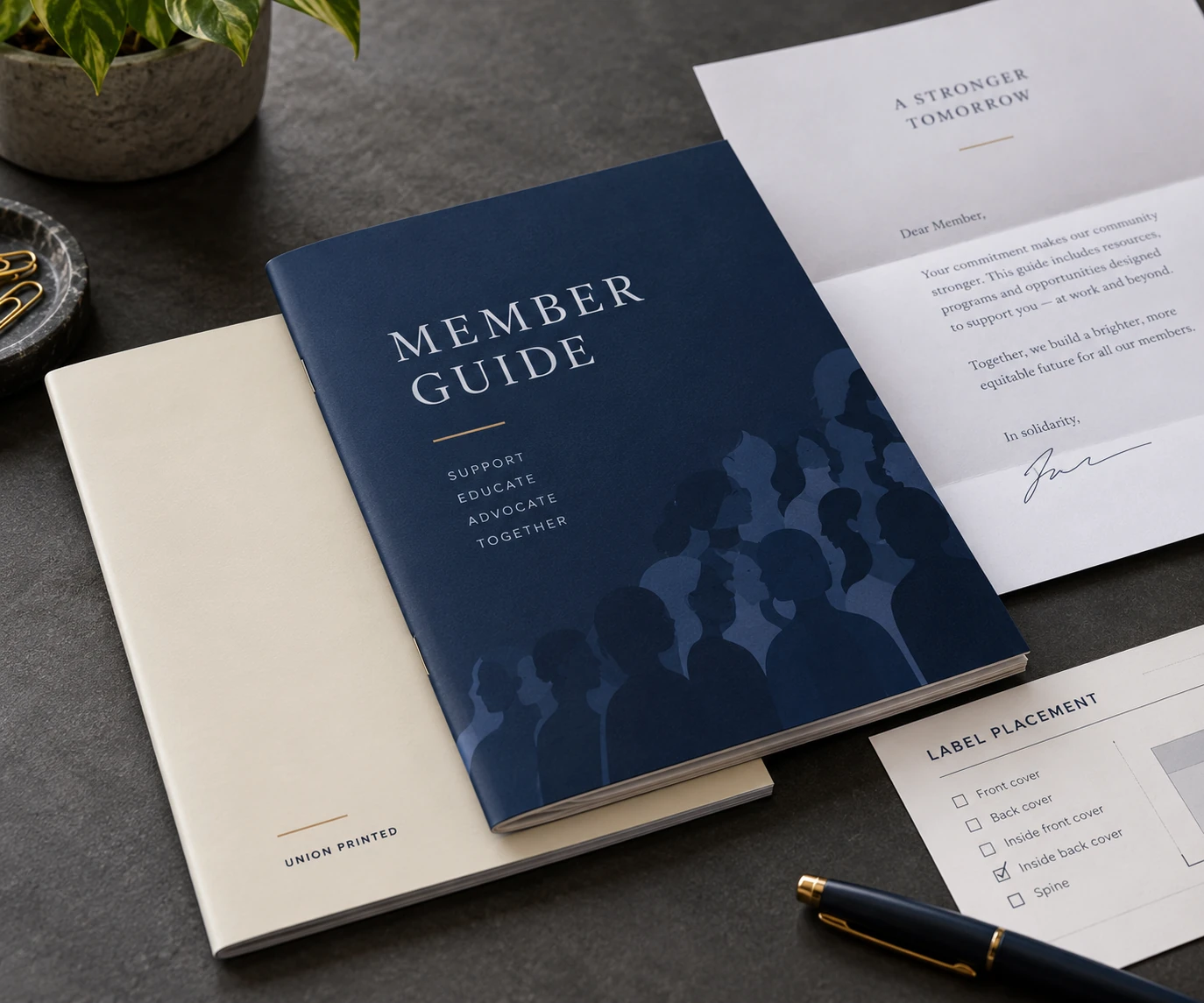 A member booklet with plain Union Printed wording beside a label placement checklist.