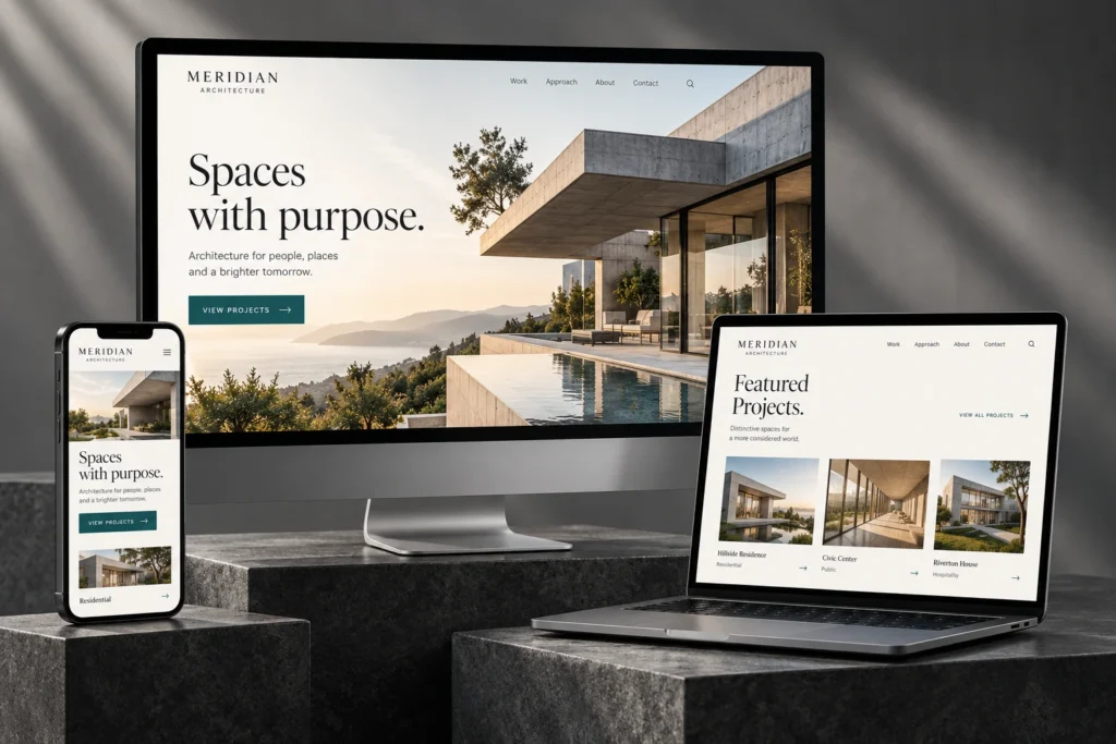 Responsive web design hero shown through original TSG campaign and service imagery.