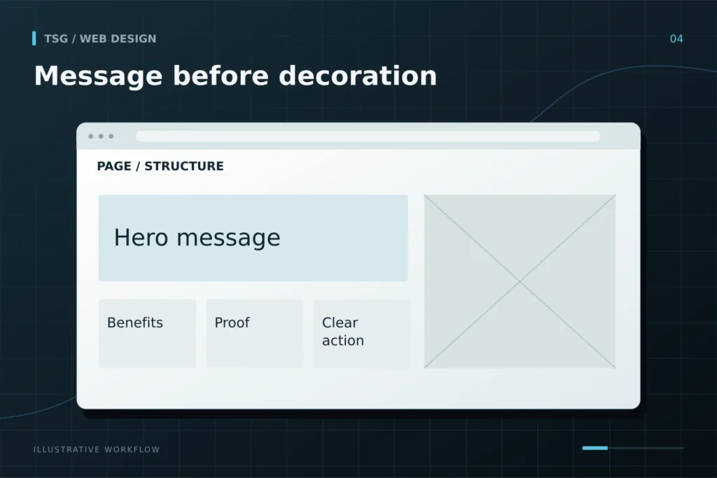 Copy and wireframes: Message before decoration, Hero message, Benefits, Proof, Clear action.