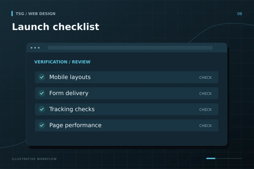 Launch and refinement: Launch checklist, Mobile layouts, Form delivery, Tracking checks, Page performance.